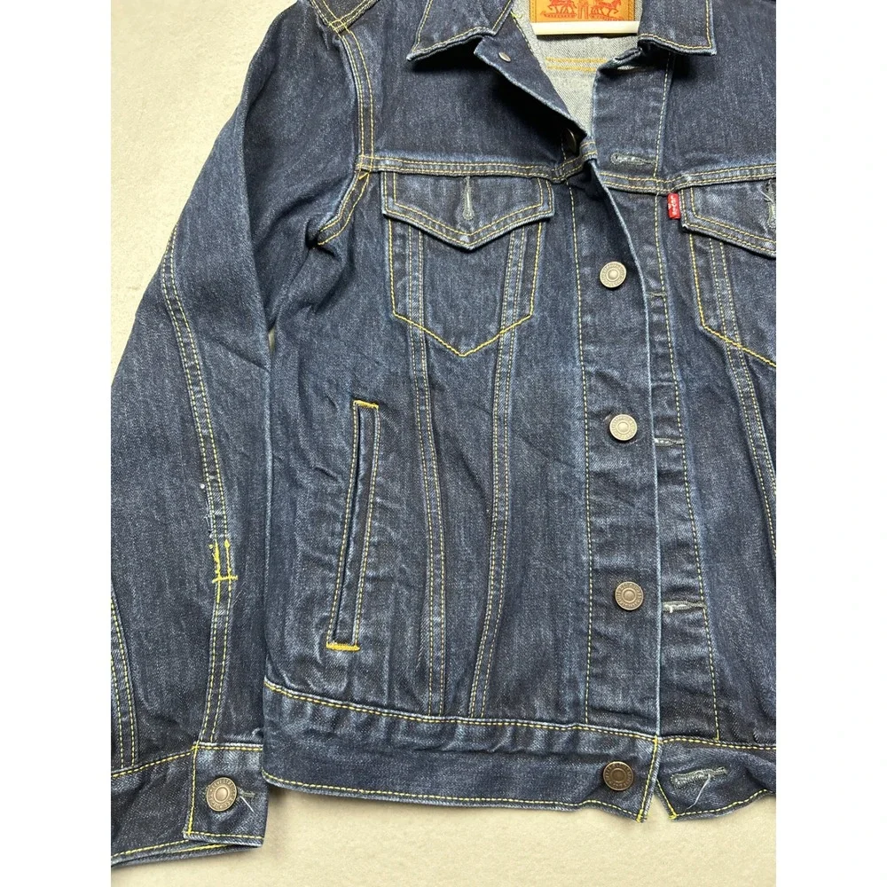 Levi Strauss Denim Trucker Jacket Buck Yeah Embroidery Blue Size Small Mens